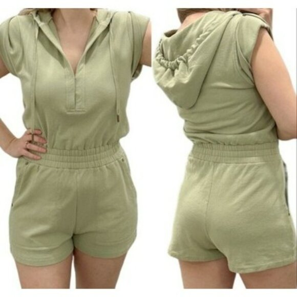 Intermix Hooded Romper Size P Green  With Drawstring Waist & Short Sleeves - Picture 9 of 13